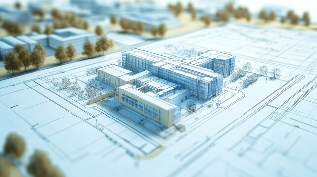 Architectural blueprint of a modern hospital complex, with detailed building plans, city surroundings, and aerial perspective.