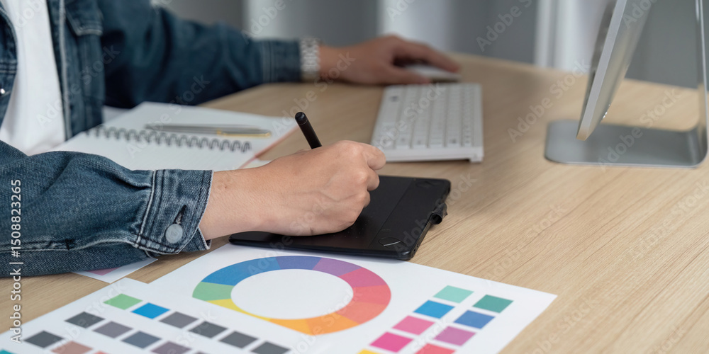 Aufkleber digital design: professional using graphic tablet for color palette creation