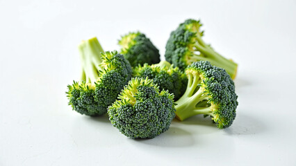 Fresh green broccoli florets on a white background for healthy eating and nutrition concepts.