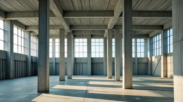 Large empty industrial warehouse with concrete pillars and sunlit windows casting shadows across open floor