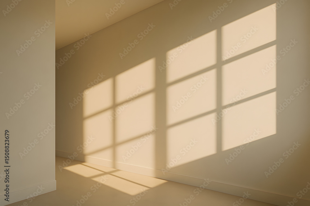 Poster soft shadows from a window frame projected on a beige wall by warm afternoon sunlight in a minimalis