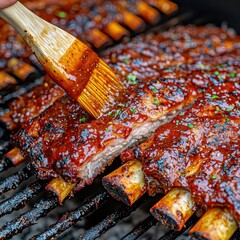 Close Up of Barbecue Ribs Being Basted with Sauce on a Grill