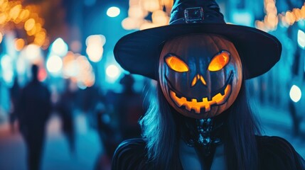 Woman in pumpkin Halloween mask at night.
