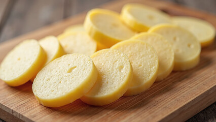 Freshly sliced potatoes neatly arranged on a wooden cutting board.