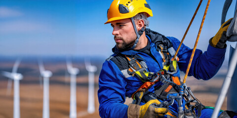 Industrial climber wearing safety equipment working on a wind turbine