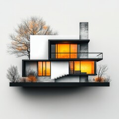 Contemporary house design with striking orange accents surrounded by seasonal trees and minimal landscaping