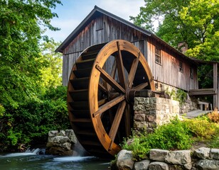 Rustic watermill nestled in a wooded landscape