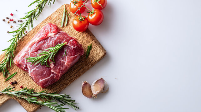 Raw beef steak with rosemary and garlic on wooden board, top view food preparation concept with clean minimal layout for culinary design