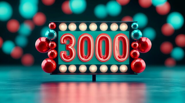 A vibrant sign displays the number 3000, surrounded by festive lights and colorful decorations against a blurred background.
