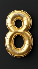 A shiny gold balloon in the shape of the number eight on a black background.