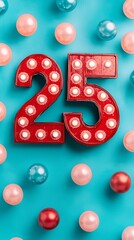 Red marquee number 25 surrounded by colorful pearls on a blue background, creating a festive and vibrant celebration theme.