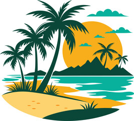 Beach vector art illustration. Tropical beach scenes set. Caribbean landscape at sunset vector design. Idyllic paradise with palm trees and surfboards in circle vector illustration. 