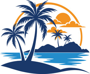 Beach vector art illustration. Tropical beach scenes set. Caribbean landscape at sunset vector design. Idyllic paradise with palm trees and surfboards in circle vector illustration. 