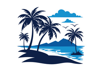 Fototapeta na wymiar Beach vector art illustration. Tropical beach scenes set. Caribbean landscape at sunset vector design. Idyllic paradise with palm trees and surfboards in circle vector illustration. 