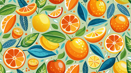 Lovely colorful vector seamless pattern with cute oranges, lemons and leaves in bright colors.