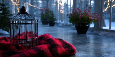 Cozy winter evening with lantern and blanket in a snow-covered greenhouse