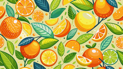 Lovely colorful vector seamless pattern with cute oranges, lemons and leaves in bright colors.
