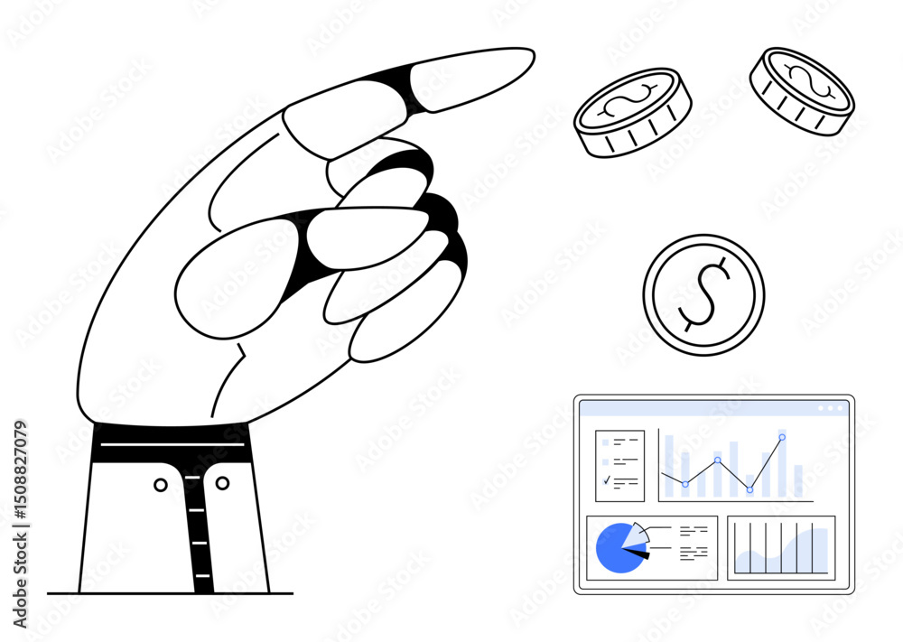 Poster robotic hand gestures towards coins and a dashboard displaying financial charts and graphs. ideal fo