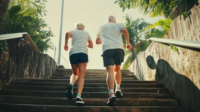 Two senior adults running up stairs outdoors for exercise, fitness, healthy lifestyle.