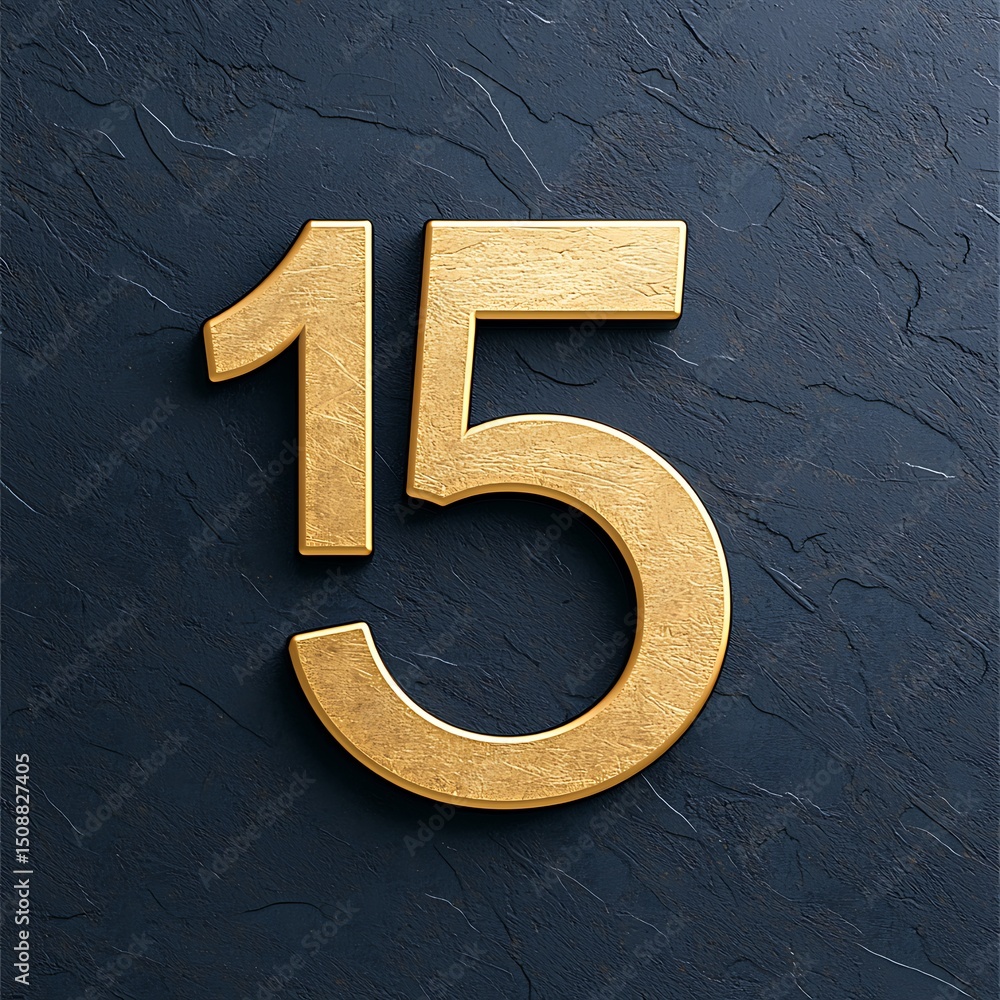 Poster gold number 15 on a textured dark background, creating a modern and elegant visual effect.