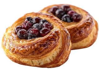 Berry Danish Delight: Two delectable danishes, adorned with fresh berries and a golden glaze, offer a tempting glimpse into the world of artisan pastries, evoking the warmth of a cozy cafe.