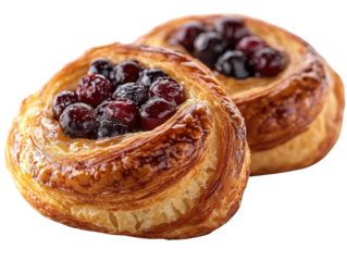 Berry Danish Delight: Two delectable danishes, adorned with fresh berries and a golden glaze, offer a tempting glimpse into the world of artisan pastries, evoking the warmth of a cozy cafe.