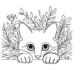Cute Cat Coloring Page: Single Line Art of Kitten Peeking Through Flowers, Printable Animal Outline for Relaxation & Creative Fun