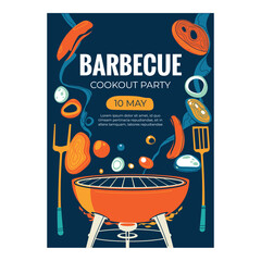 Barbecue party invitation poster with grill filled with flame and charcoal smoke