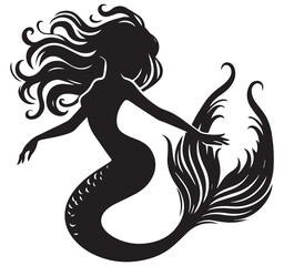Mermaid Silhouette Vector Art: Elegant Black and White Illustration of a Mythical Sea Creature with Flowing Hair and Ornate Tail Design