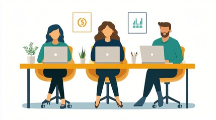 flat vector illustration of modern office workspace with people working on laptops, digital collaboration, productivity environment, clean design