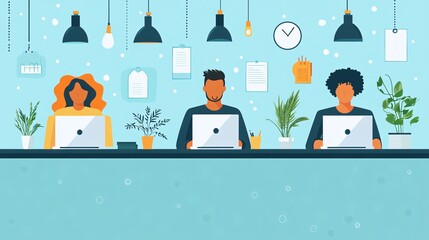 flat vector illustration of modern office workspace with people working on laptops, digital collaboration, productivity environment, clean design