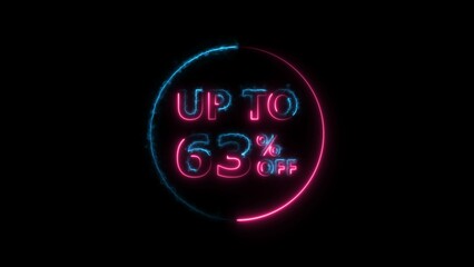 Abstract 63% Percent Off neon bright Flat Style Banner Sticker Label Popup Promotional magenta red color 4k illustration. magenta color circle 63% OFF, Sale, Discounts, Special Offers etc.