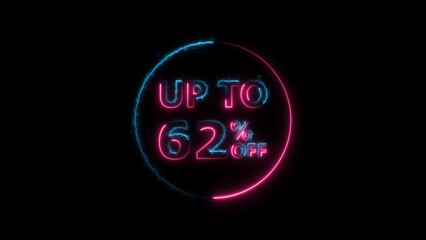 Abstract 62% Percent Off neon bright Flat Style Banner Sticker Label Popup Promotional magenta red color 4k illustration. magenta color circle 62% OFF, Sale, Discounts, Special Offers etc.
