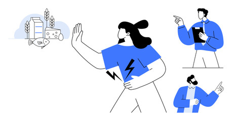 Woman holding her stomach and gesturing no to allergenic foods thumbs up milk and fish while two professionals advise her. Ideal for health awareness, dietary choices, food allergy, medical support