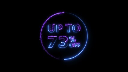 Abstract 73% Percent Off neon bright Flat Style Banner Sticker Label Popup Promotional purple color 4k illustration. Purple color circle 73% OFF, Sale, Discounts, Special Offers etc. Black background.