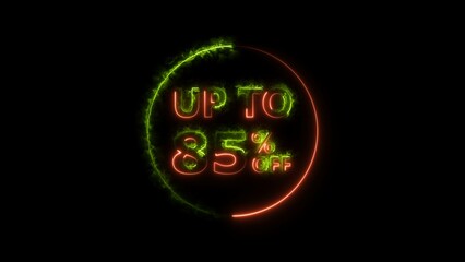 Abstract 85% Percent Off neon bright Flat Style Banner Sticker Label Popup Promotional lime green color 4k illustration.  Green color circle 85% OFF, Sale, Discounts, Special Offers etc.