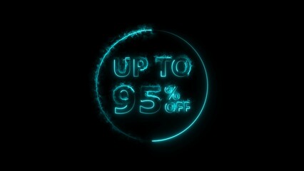 Abstract 95% Percent Off neon bright Flat Style Banner Sticker Label Popup Promotional cyan color 4k illustration. Cyan color circle 95% OFF, Sale, Discounts, Special Offers etc. Black background.
