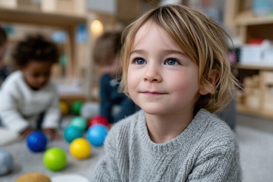 A young child gazes thoughtfully while surrounded by vibrant, colorful toys, representing innocence, curiosity, and the joy of childhood exploration in a playful environment.