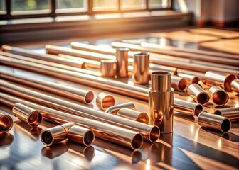 Naklejka premium Close-up shot of copper pipes and fittings arranged neatly on the floor in a sunlit room with a minimalist aesthetic