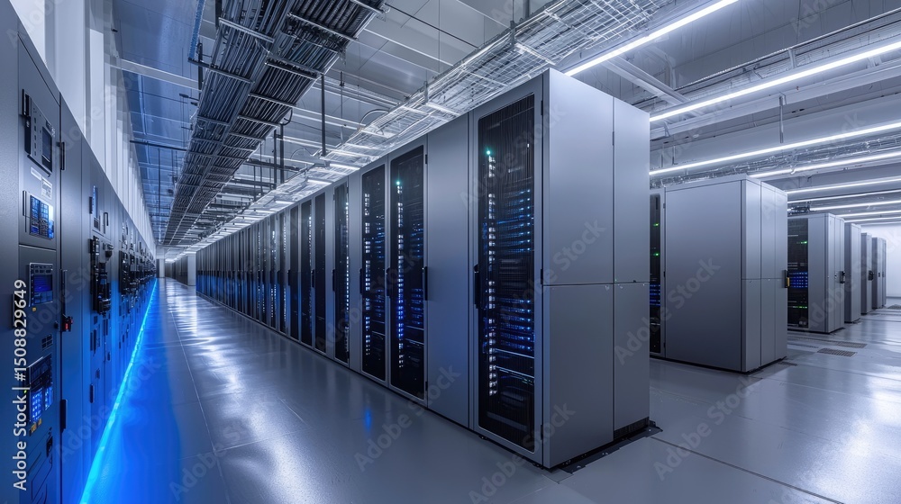 Fototapete modern data center with rows of high-performance server racks, illuminated blue leds, and overhead c