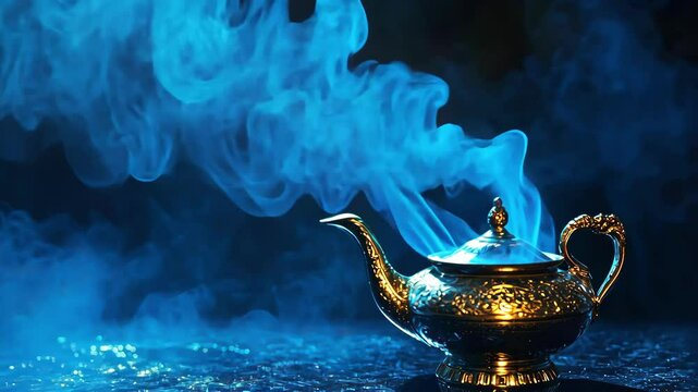 Antique gold teapot with blue smoke. Magic genie lamp with mystery. Dream concept, legend.