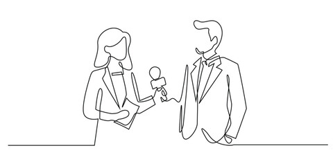 one continuous line drawing of a female television reporter,conducting an interview with a businessman.holding a microphone.isolated on a white background