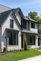 Modern residential home with a stylish brick facade and expansive windows set in a lush neighborhood during bright daylight