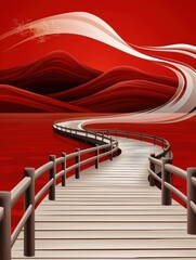 Serene Red Landscape with Wooden Bridge and Abstract Shapes