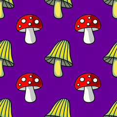 Seamless vector pattern featuring whimsical cartoon mushrooms in vibrant red, green, and yellow on a deep purple background, ideal for autumnal or Halloween designs.