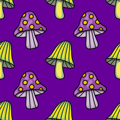 Seamless vector pattern with whimsical purple and green mushrooms on a vibrant purple background, featuring a unique blend of polka dots and striped designs for a playful autumnal aesthetic.