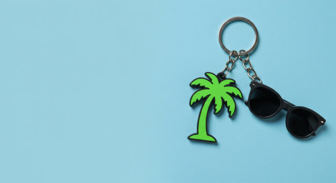 A sunny day essential, the key ring featuring a palm tree and sunglasses.