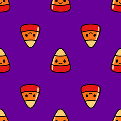 Seamless vector pattern of cute cartoon candy corn characters with happy faces on a vibrant purple background, perfect for Halloween-themed designs.