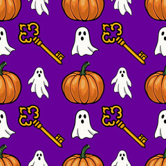Seamless vector Halloween pattern with cute ghosts, pumpkins, and ornate golden keys on a vibrant purple background, ideal for festive designs.