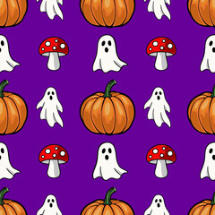 Seamless vector Halloween pattern with cartoon pumpkins, ghosts, and fly agaric mushrooms on a vibrant purple background, perfect for festive designs.